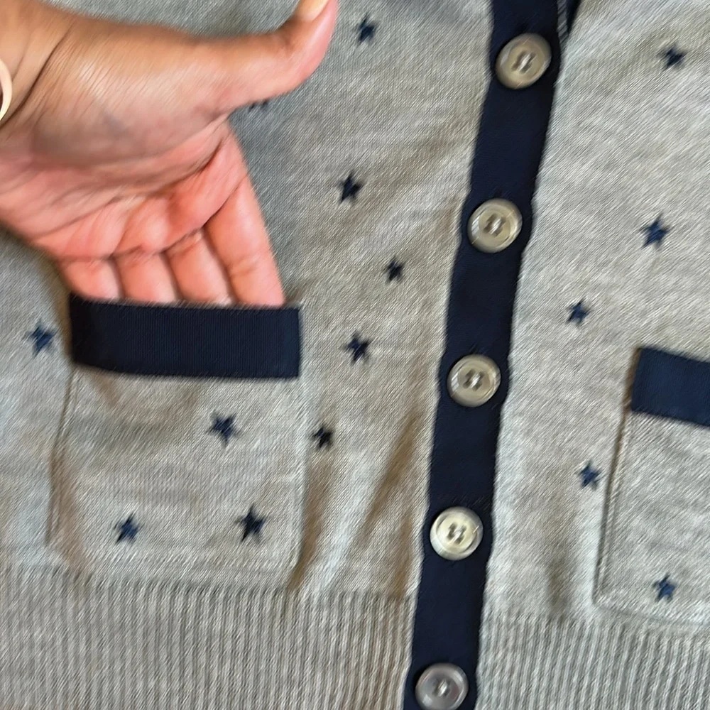 J. Crew Gray and Blue Cardigan Sweater with Polka Dot Pattern